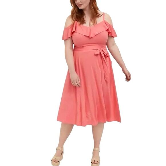 Torrid Coral Textured Cold Shoulder Self Tie Midi Dress - 22 - Picture 1 of 6